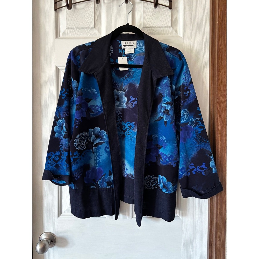 En Focus Studio Womens Blue Floral Paisley Open Front Jacket Size 18 Vintage